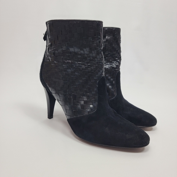 Cole Haan Women's Black Leather Suede Woven Ane Boots Booties Basket Weave 8B. - Picture 2 of 12